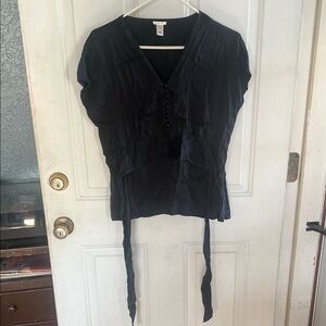 Women's Black Silk Button-Down Blouse with tie back